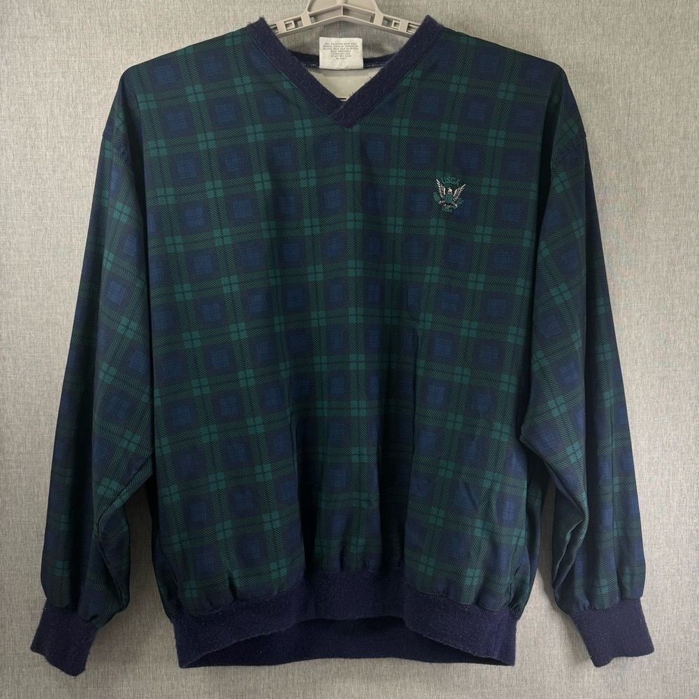 Mens XL Vintage 1990s Starbus Golf Windbreaker Plaid Green/Blue Made in USA